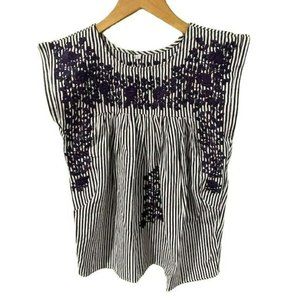 Spirit Dress Navy Seersucker Embroidered Cotton Blouse sz XS